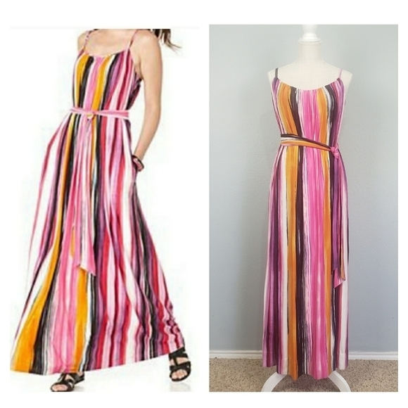CALVIN KLEIN Colorful Striped Belted Maxi Dress Sz 2 Flowy Stretchy - Picture 1 of 10